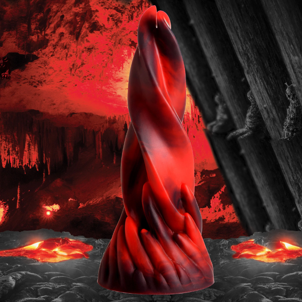 A red and black twisted dildo with a textured shaft and suction cup base.