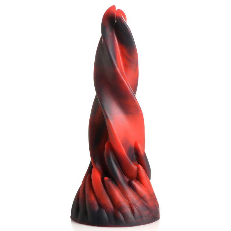 Red and black twisted silicone dildo with a textured shaft.