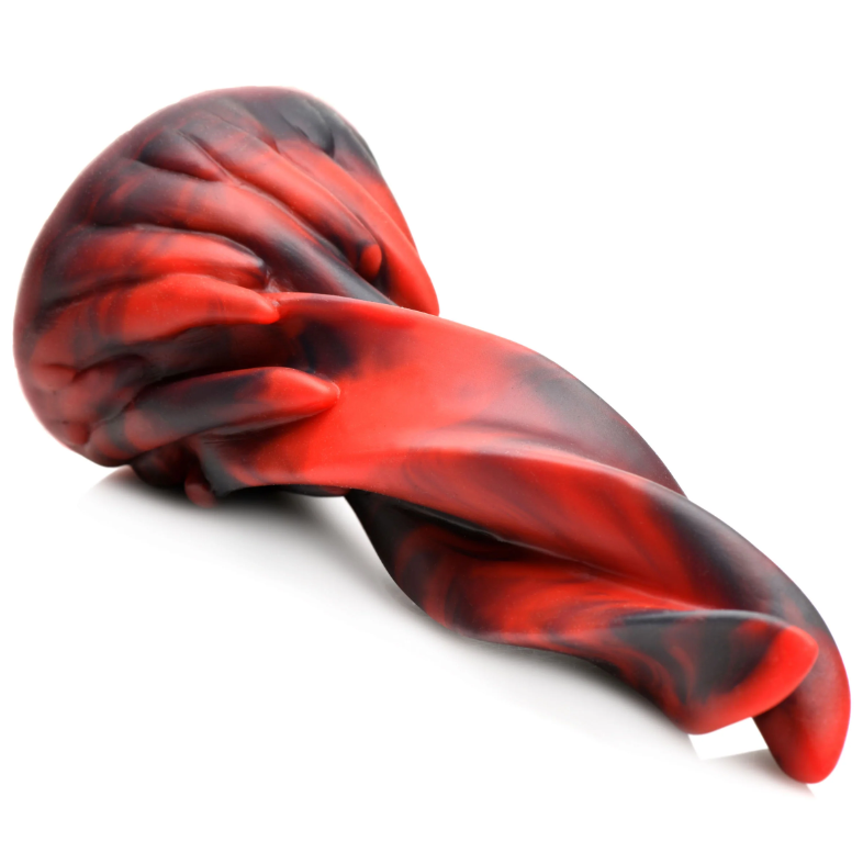 Red and black marbled silicone dildo with a twisted tongue design.