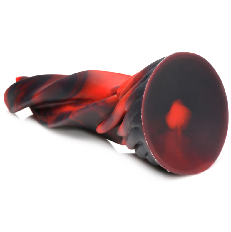 Red and black marbled silicone dildo with a twisted design and suction cup base.