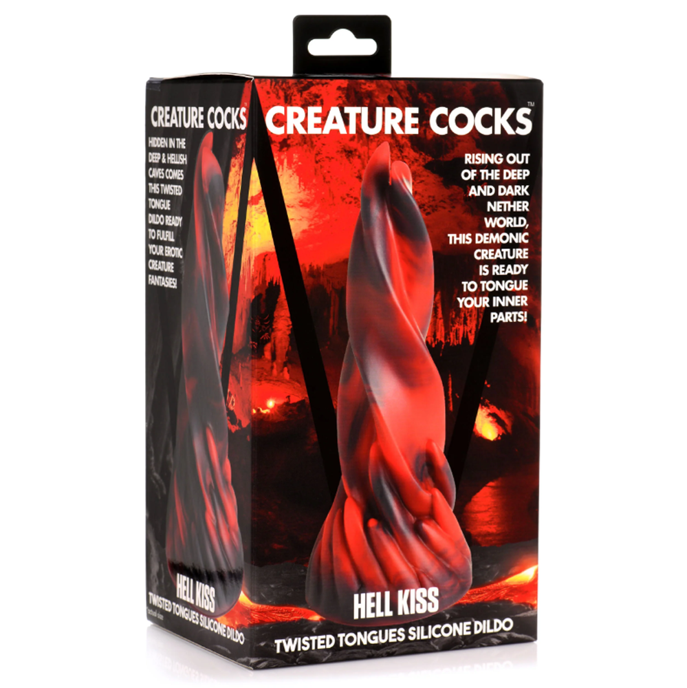 A red and black twisted silicone dildo with "Hell Kiss" branding on its box.