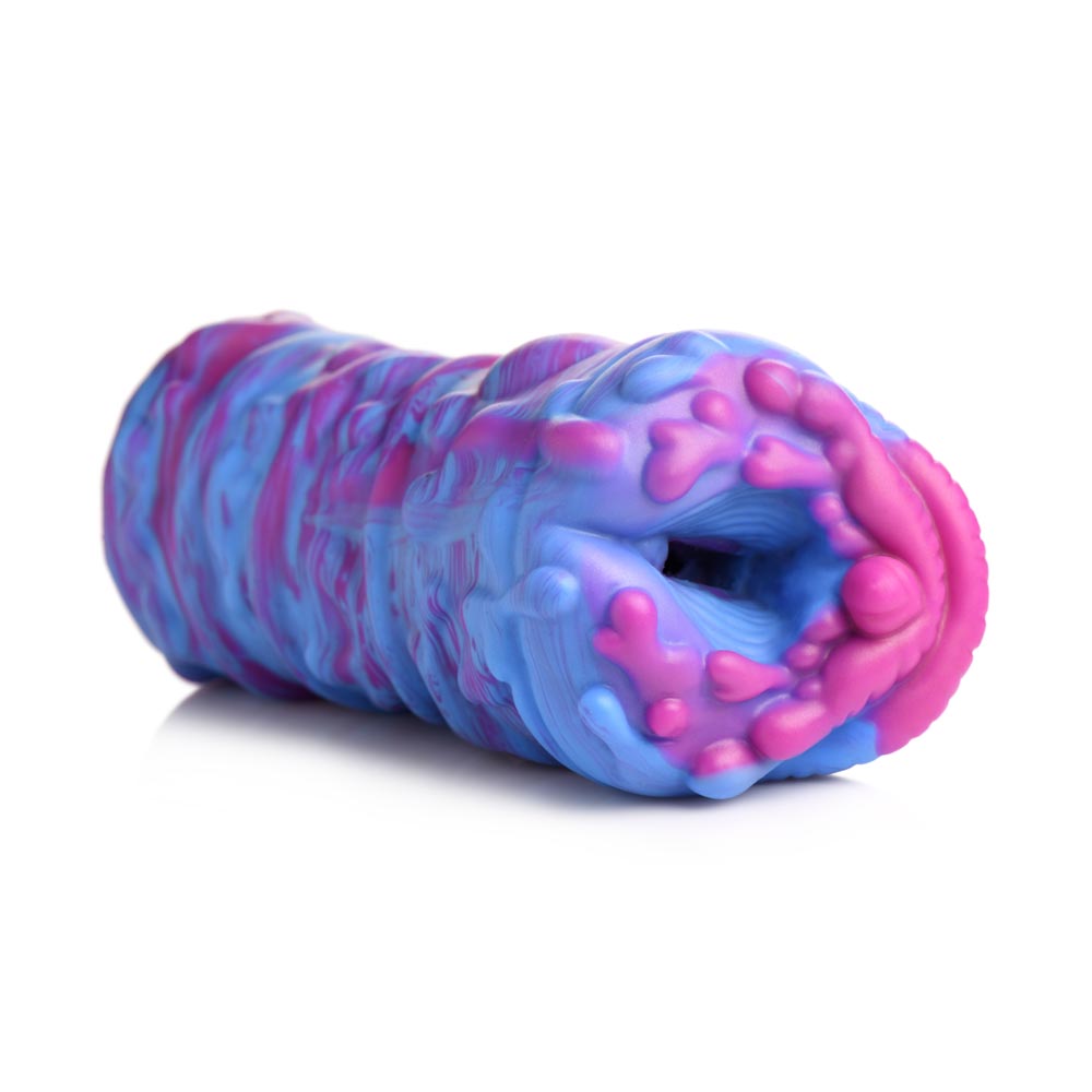 Blue and pink marbled silicone alien fantasy stroker with textured interior.