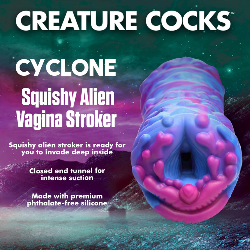 A blue and pink alien-shaped silicone stroker with textured details.