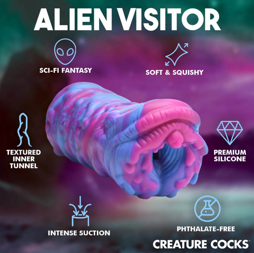 Alien Fantasy stroker in pink and blue silicone with textured tunnel.
