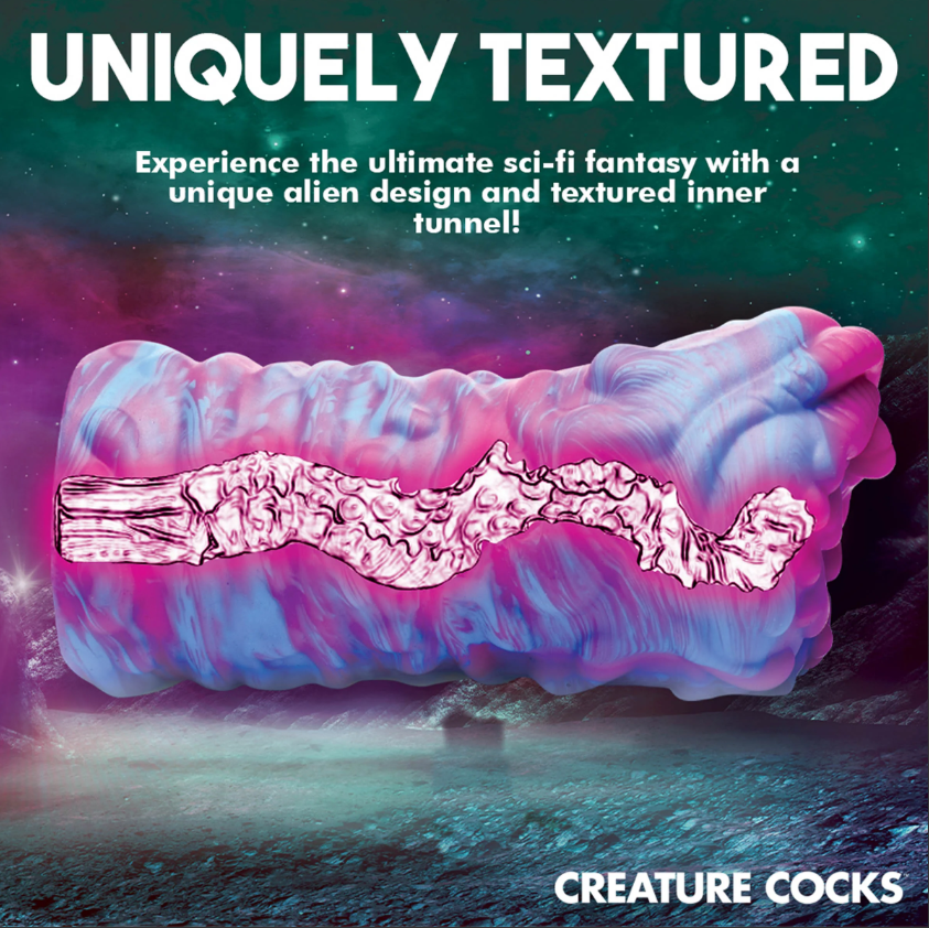 A pink and blue textured alien fantasy stroker with a detailed inner tunnel.