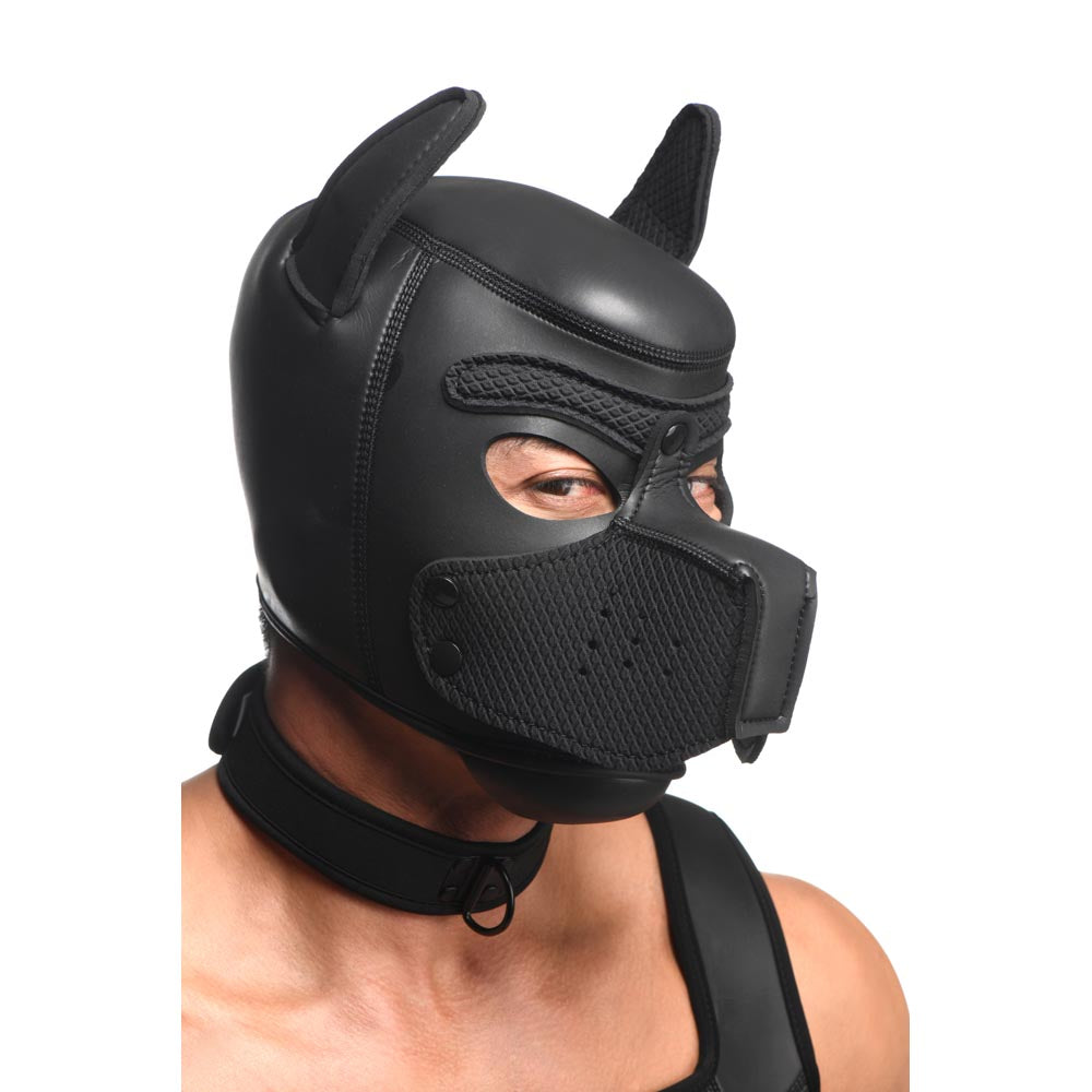 Black neoprene puppy hood with ears, muzzle, and collar.