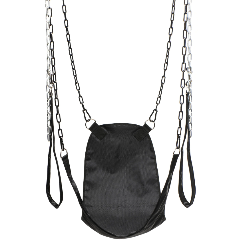 Nylon sex swing with metal chains and removable stirrups.