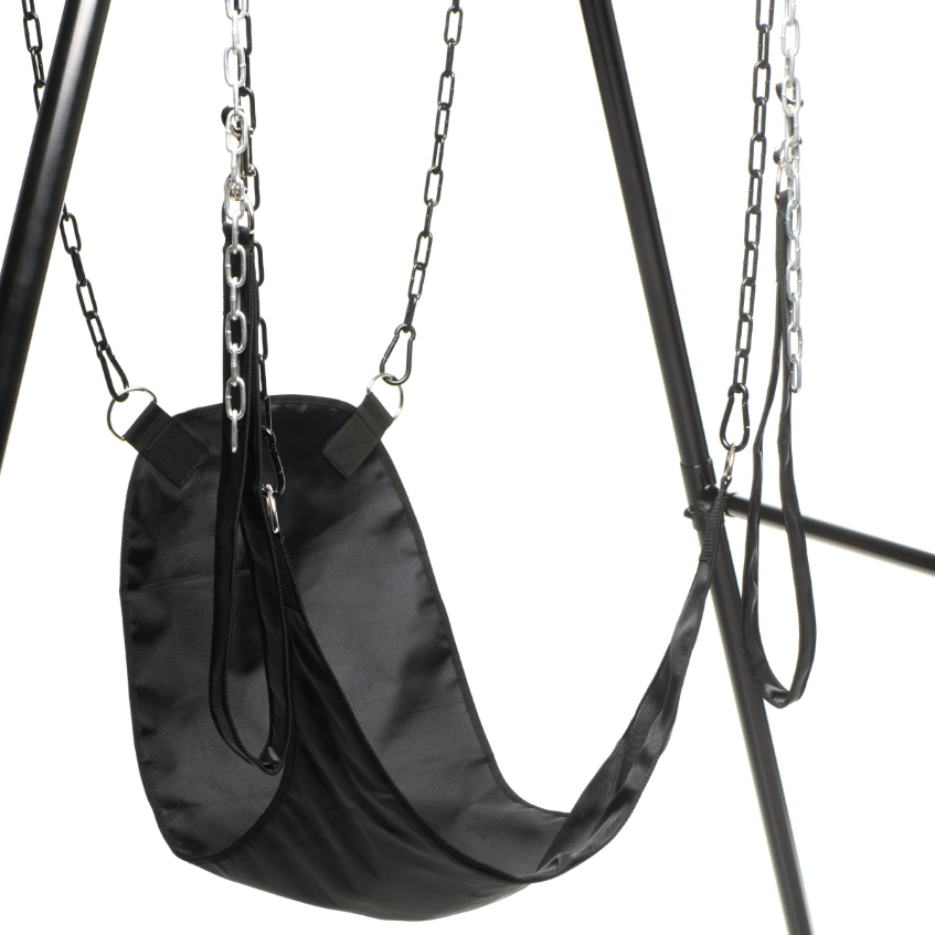 Black nylon sex swing with metal chains and stirrups.