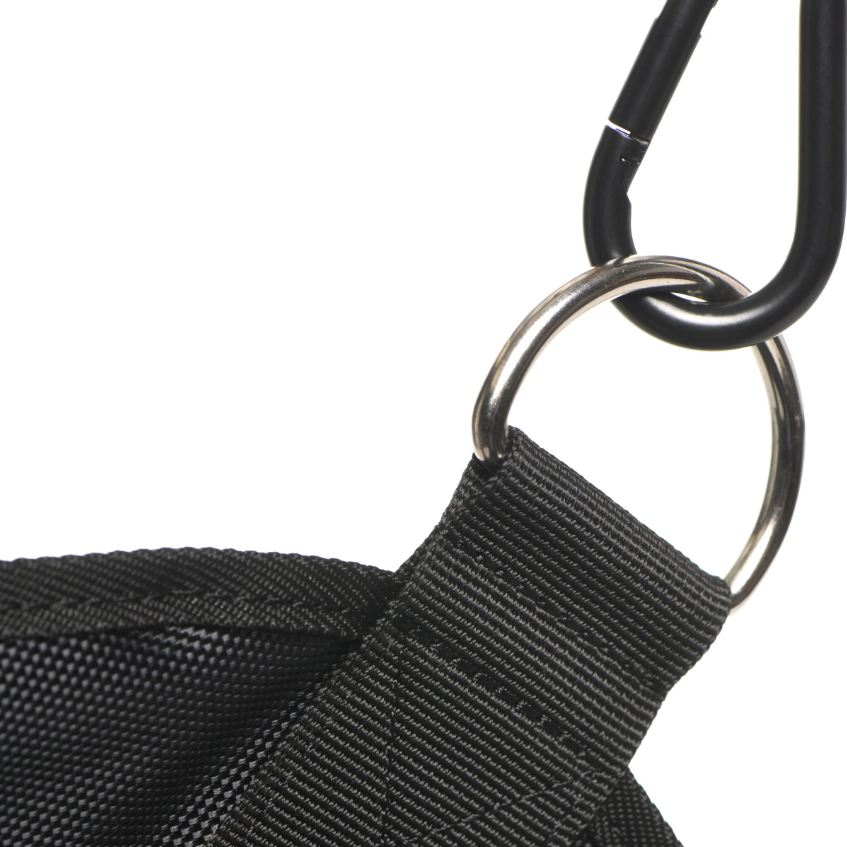 Black nylon strap attached to metal rings and a carabiner.