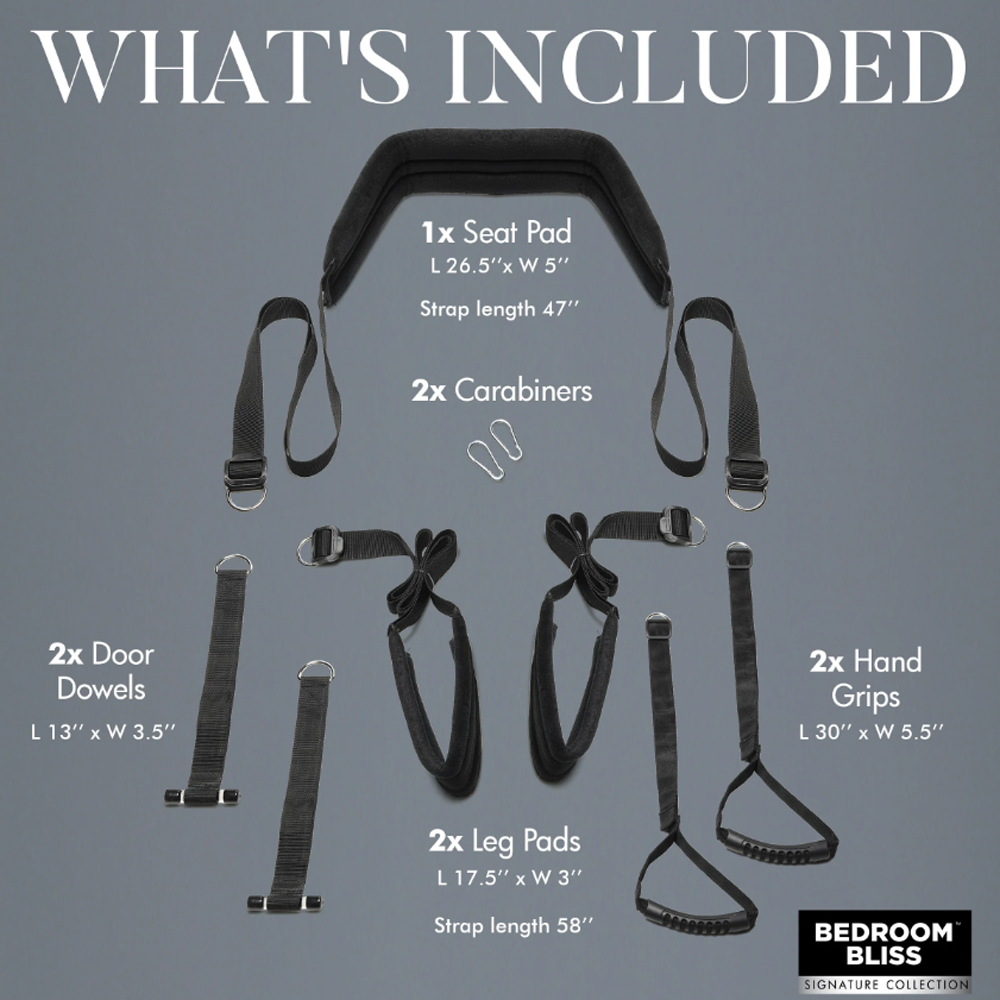 Black adjustable padded door swing sex sling with various attachments.