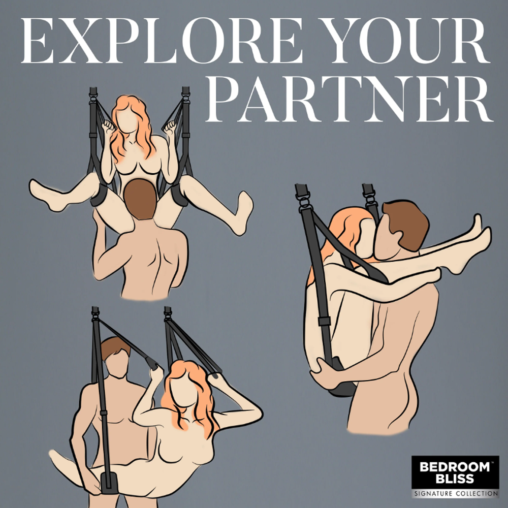 Illustration of couples using a black door swing sex sling.
