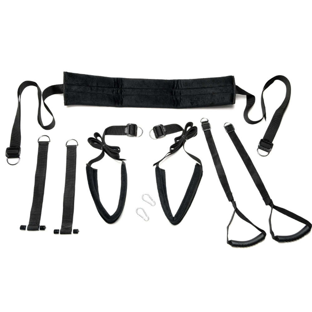 Black adjustable padded door swing sex sling with various straps and handles.
