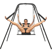 Adjustable sex sling with steel stand and padded seat.