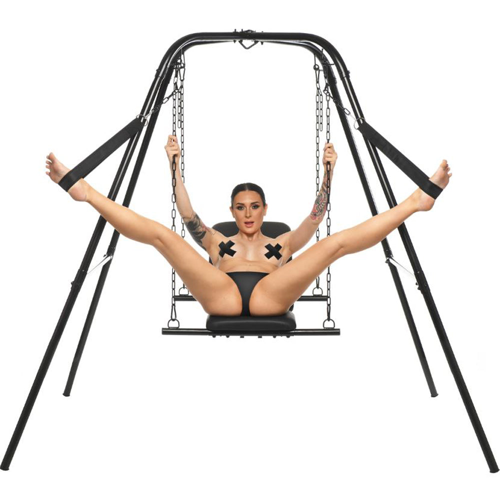 Adjustable sex sling with steel stand and padded seat.