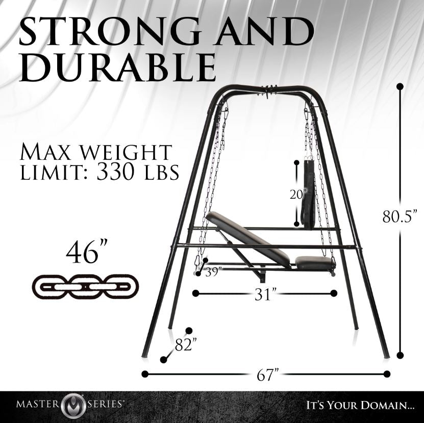 Steel sex sling stand with adjustable seat and stirrups, 80.5 inches tall.
