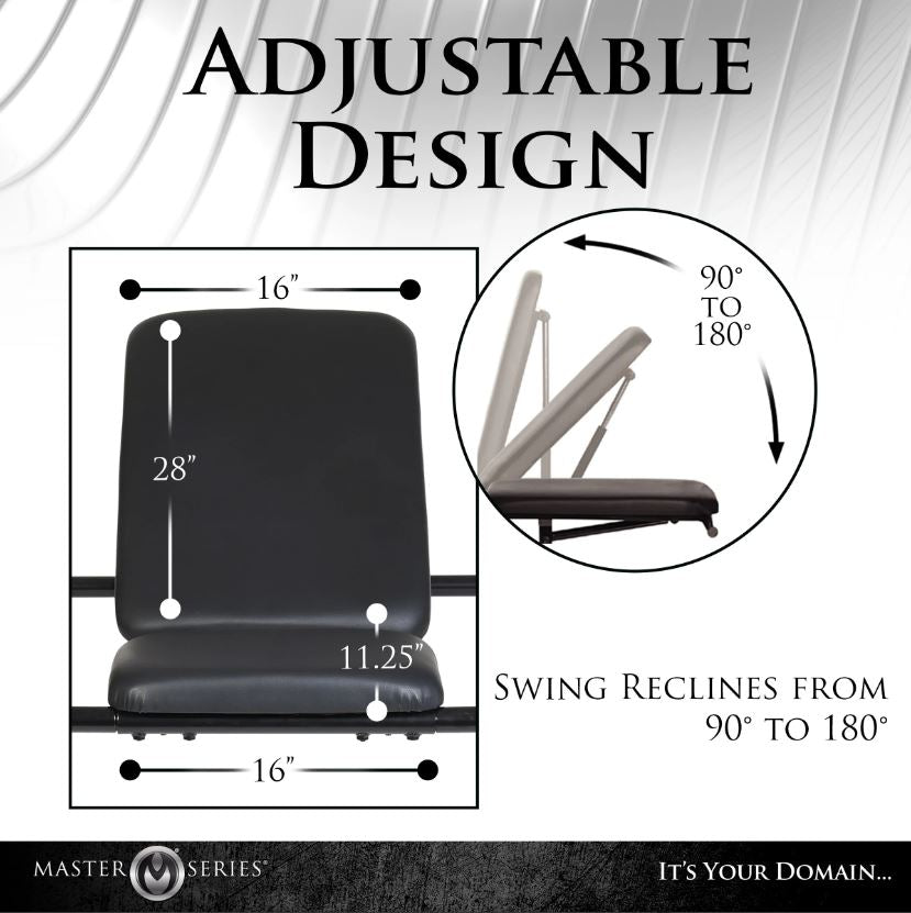 Adjustable sex sling with steel stand, reclines 90 to 180 degrees.
