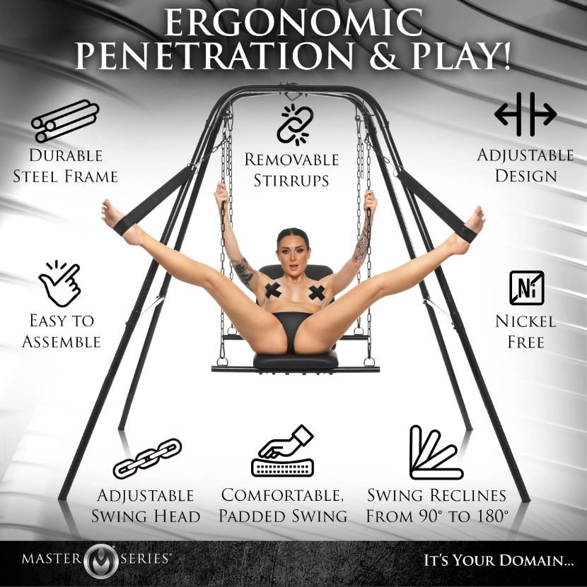 Master Series adjustable sex sling with steel stand and padded seat.