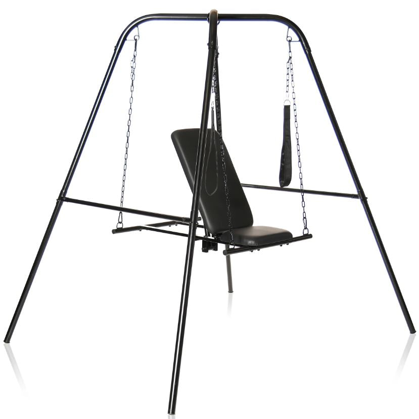 Black steel sex sling with adjustable seat and stand.
