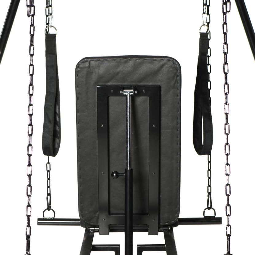 Adjustable sex sling with steel stand and chains.