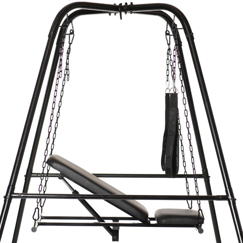 Black steel sex sling with adjustable bench and stirrups.
