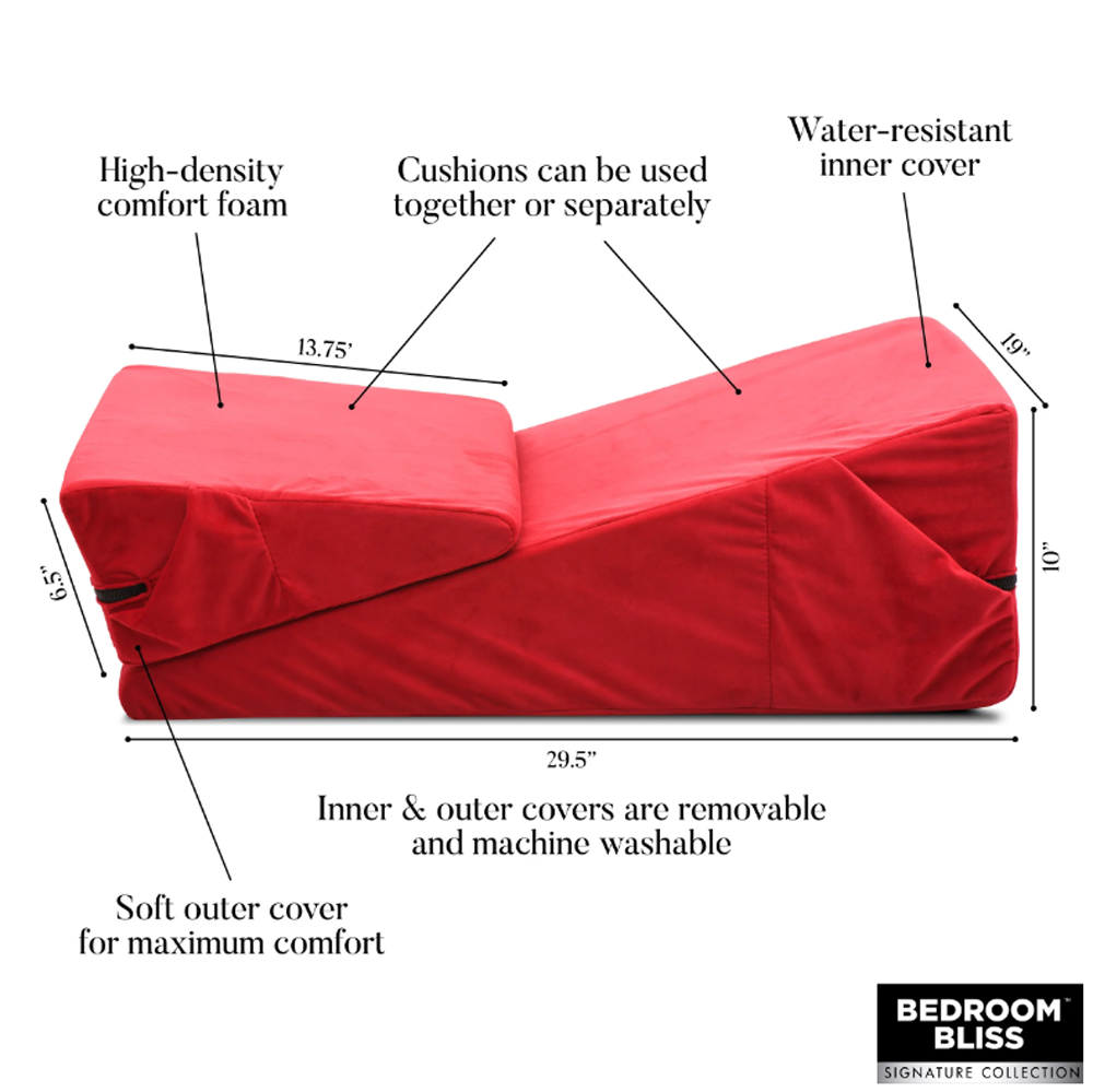 Red foam wedge pillow set with dimensions and features labeled.