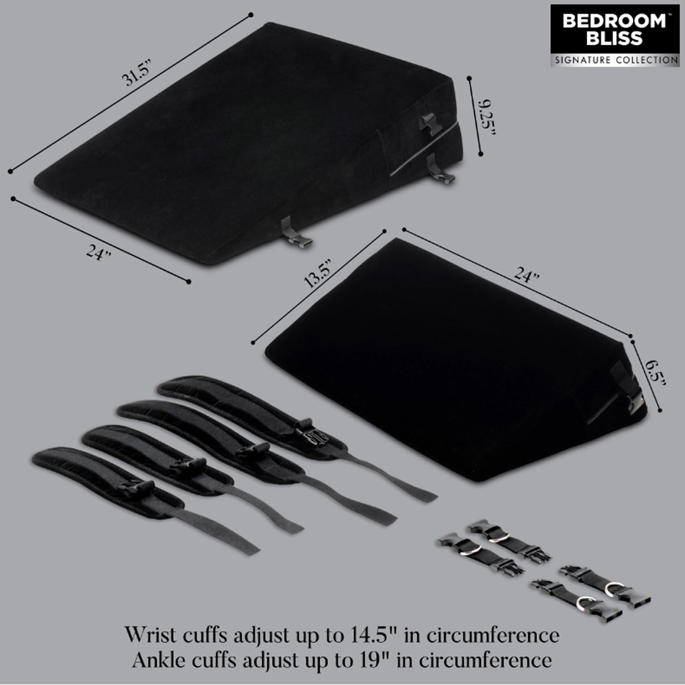 Black wedge pillow set with velvet cover and restraints.
