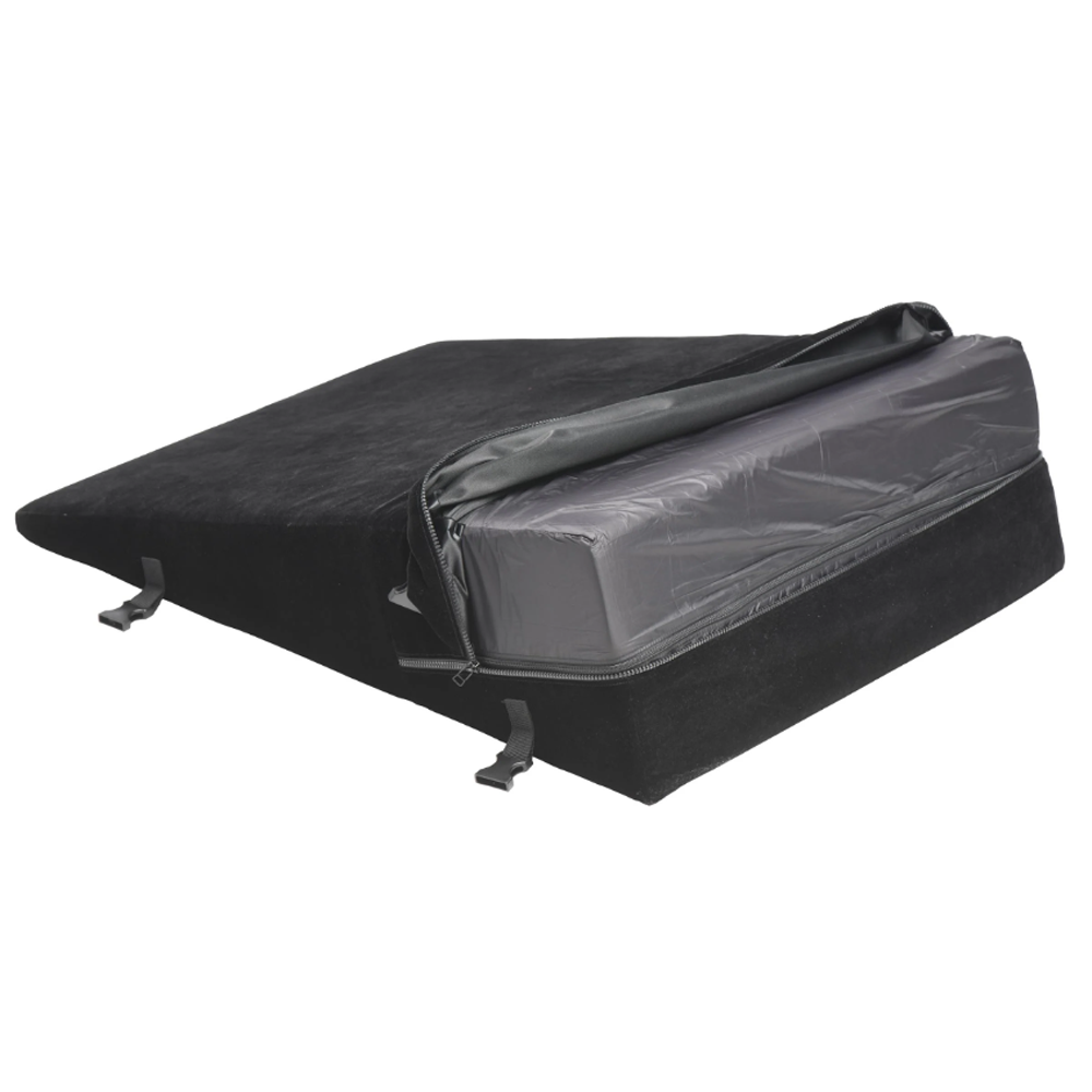 Black velvet bondage wedge pillow with zipper and restraints.