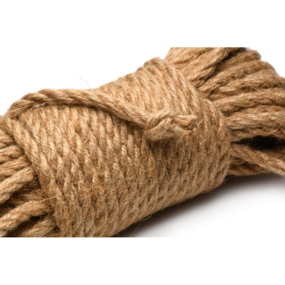 A coil of natural jute rope tied with a knot.