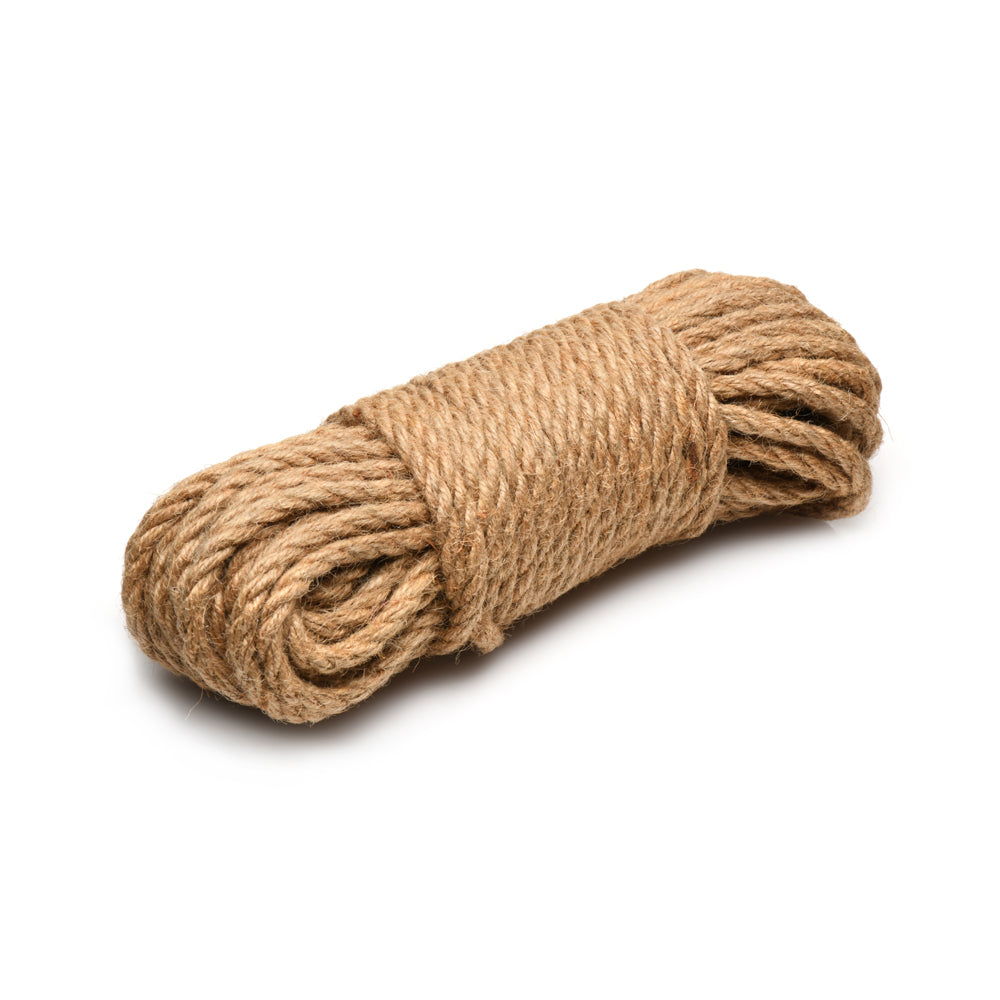 A coil of natural jute rope on a white background.