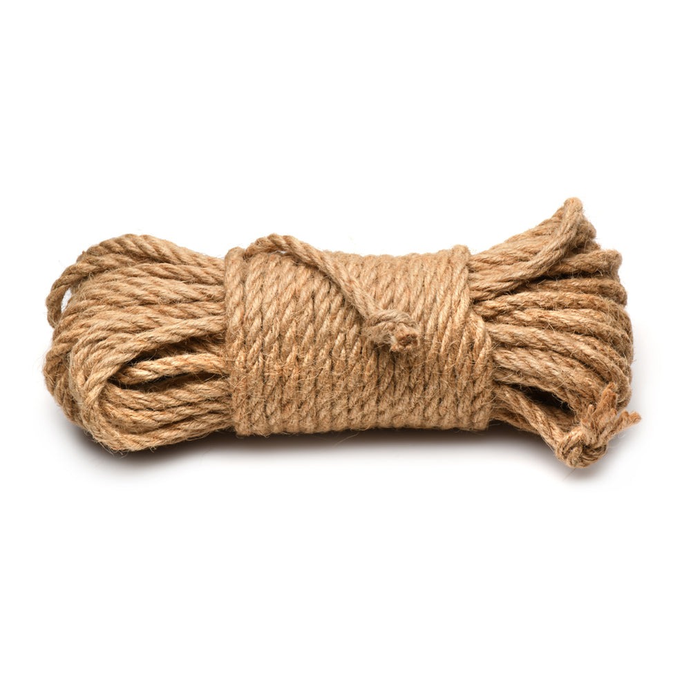 A coil of natural jute rope tied with a knot.