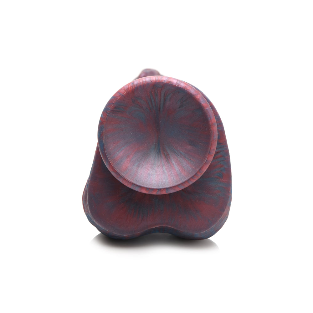 A purple and blue swirled silicone dildo with a suction cup base.