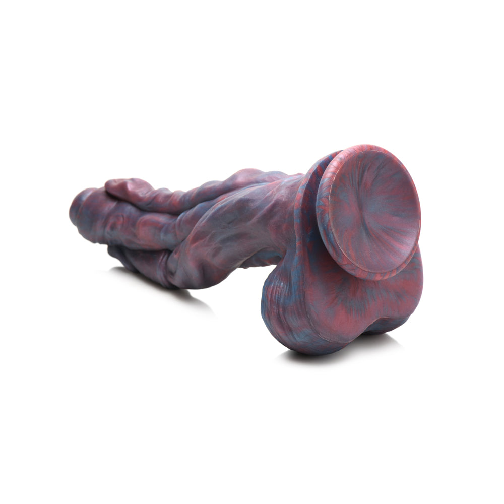 A purple and blue swirled silicone dildo with a suction cup base.