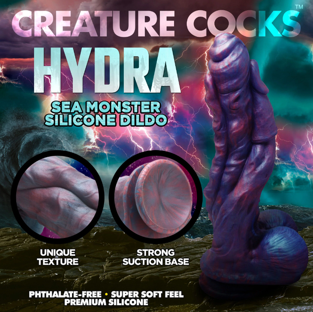 A purple Hydra silicone dildo with a suction cup base and textured heads.