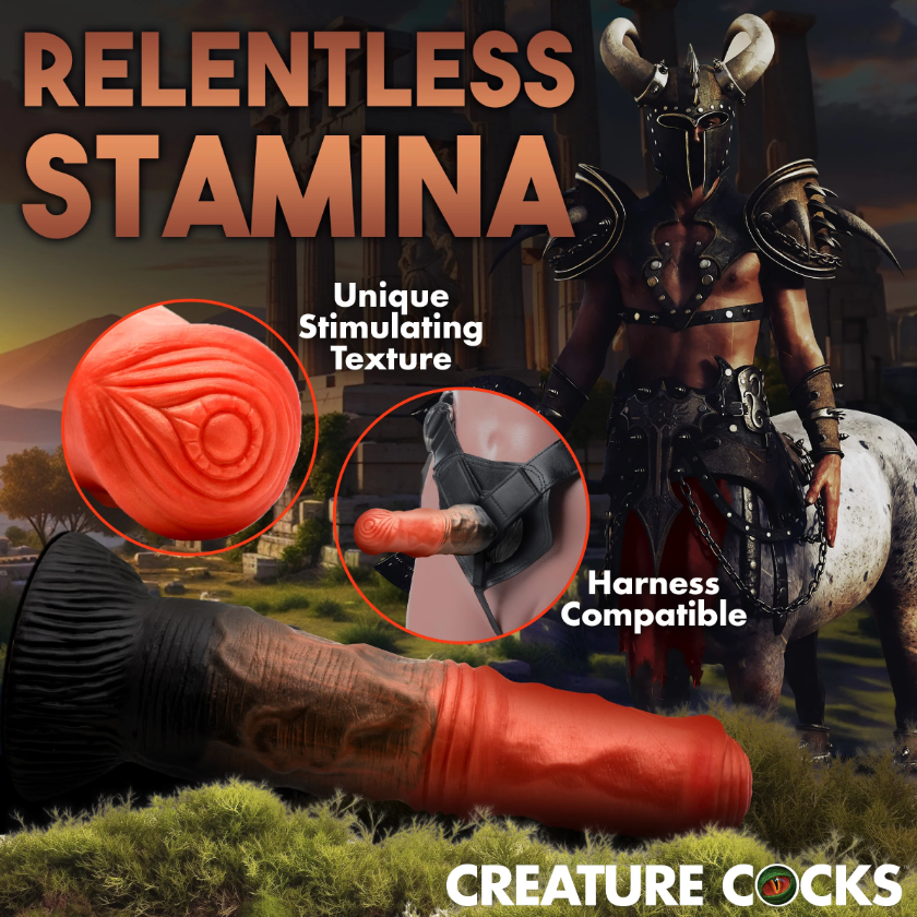 Centaur fantasy silicone dildo with suction cup base and textured shaft.