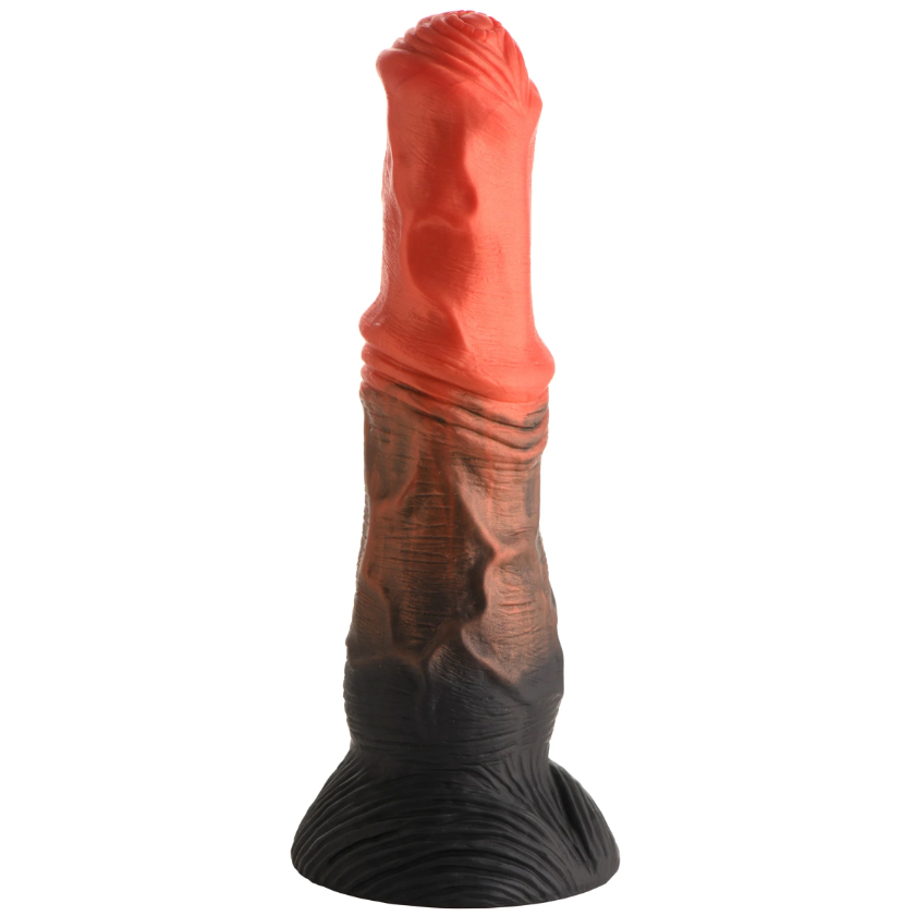 Red and black silicone dildo with a textured shaft and suction cup base.