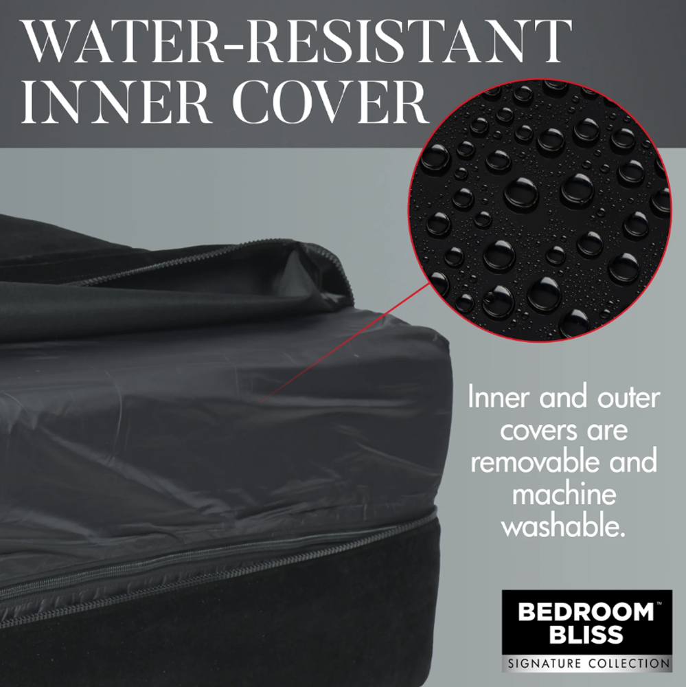 Black ergonomic saddle cushion with water-resistant inner cover and toy pocket.
