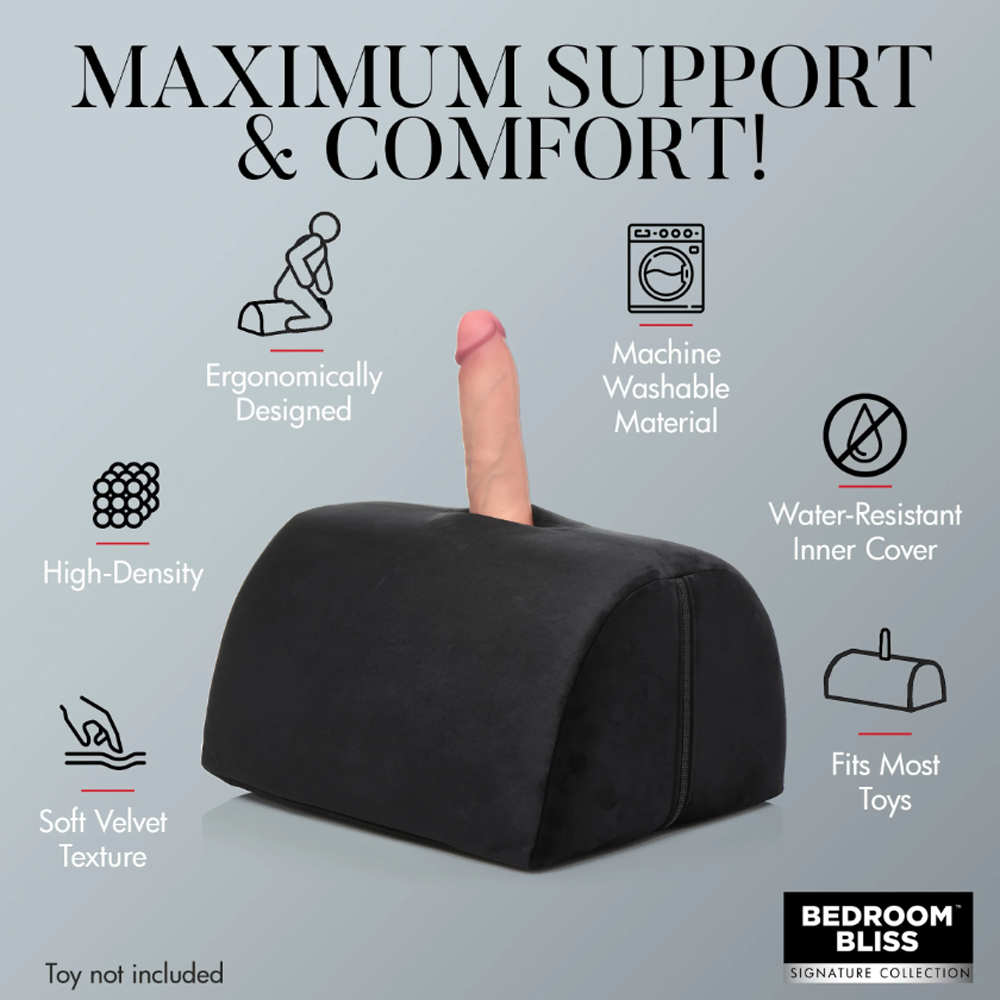 Black ergonomic sex toy saddle cushion with a toy pocket.