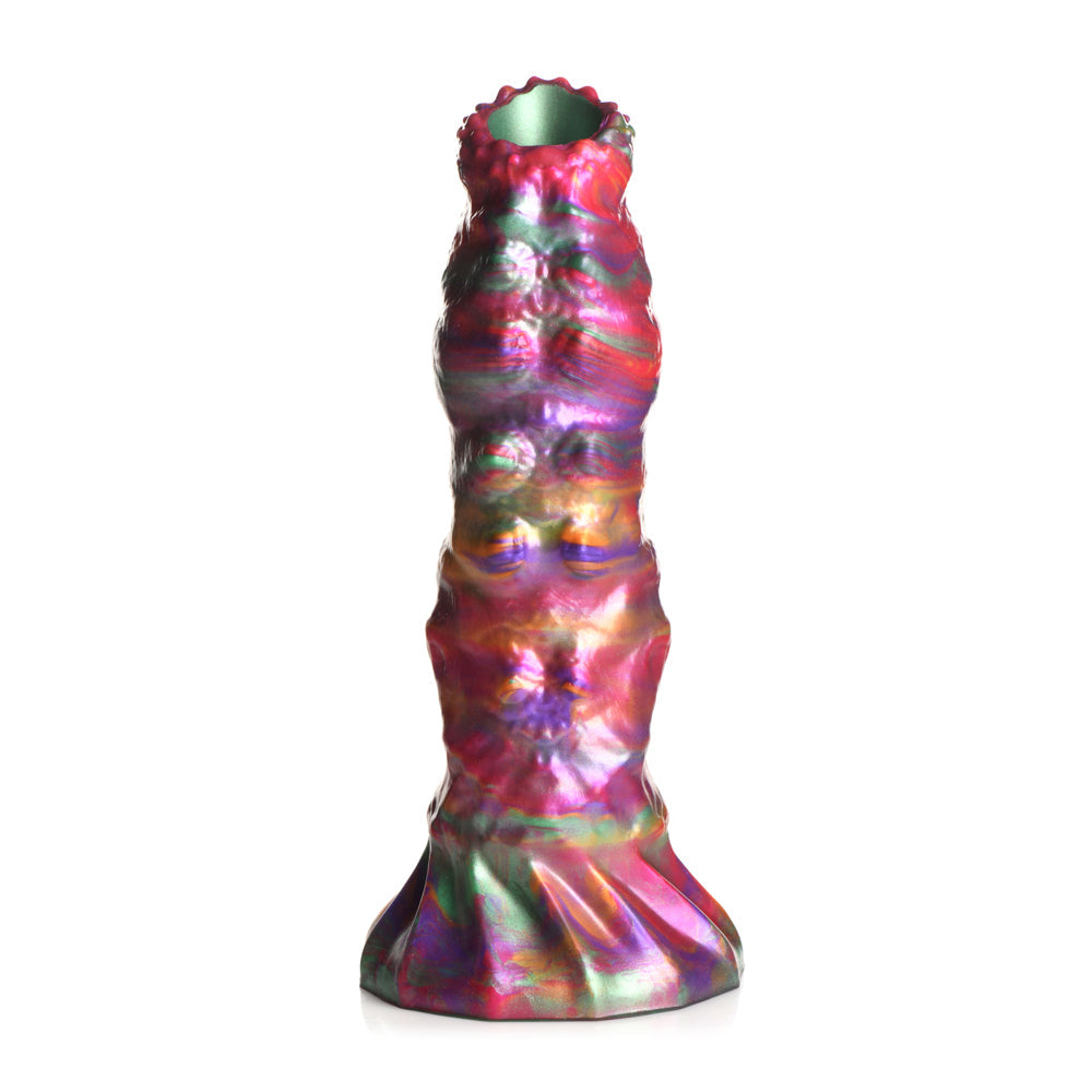 Iridescent silicone dildo with ribbed texture and a flared base.