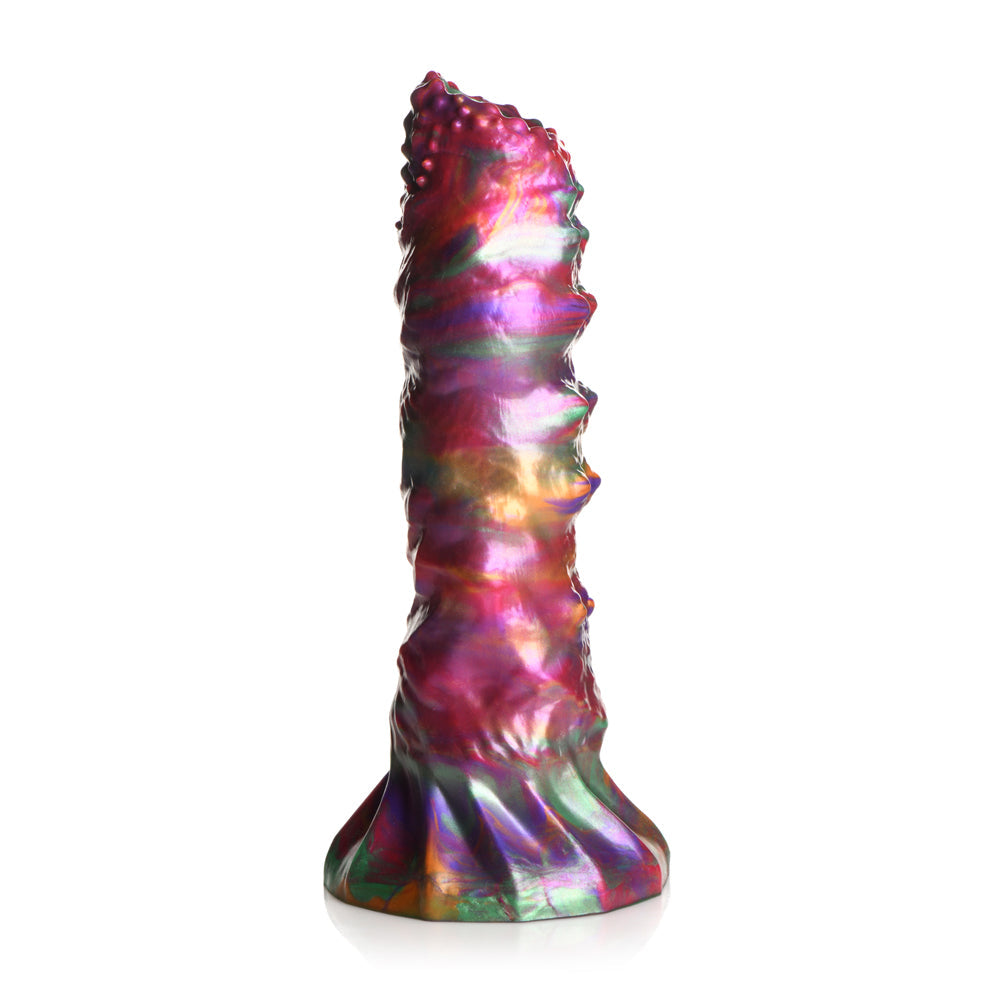 Iridescent silicone fantasy dildo with textured shaft and bumpy head.