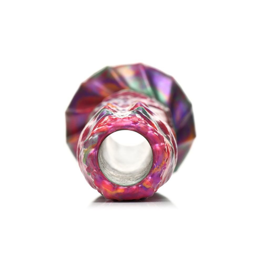 Iridescent fantasy dildo with ribbed texture and egg inserts.