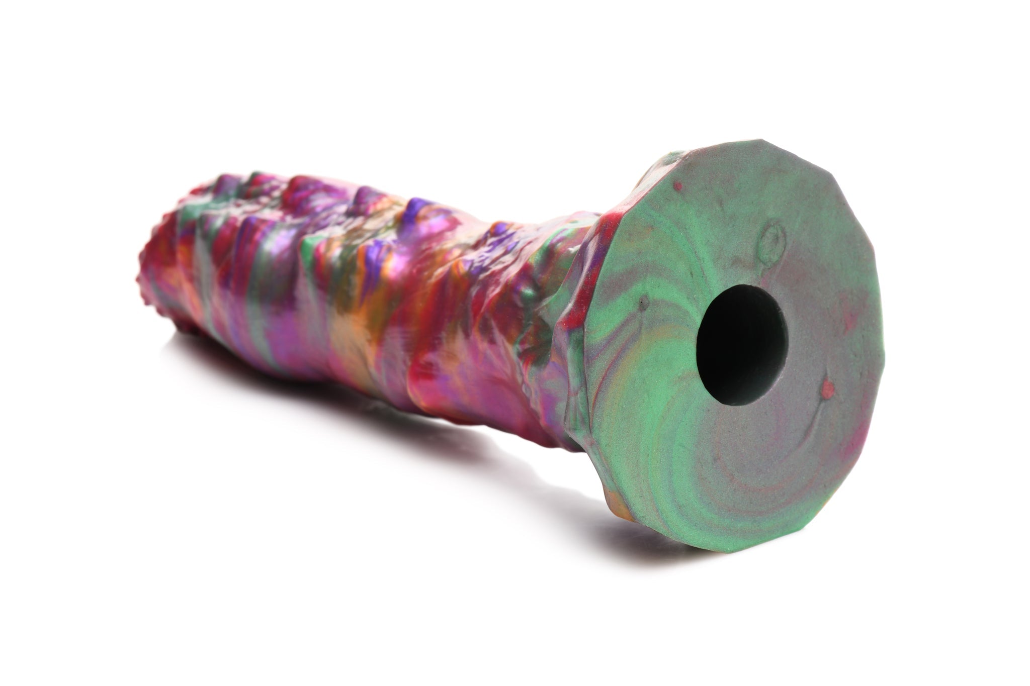 Multi-colored silicone dildo with a ribbed shaft and textured head.