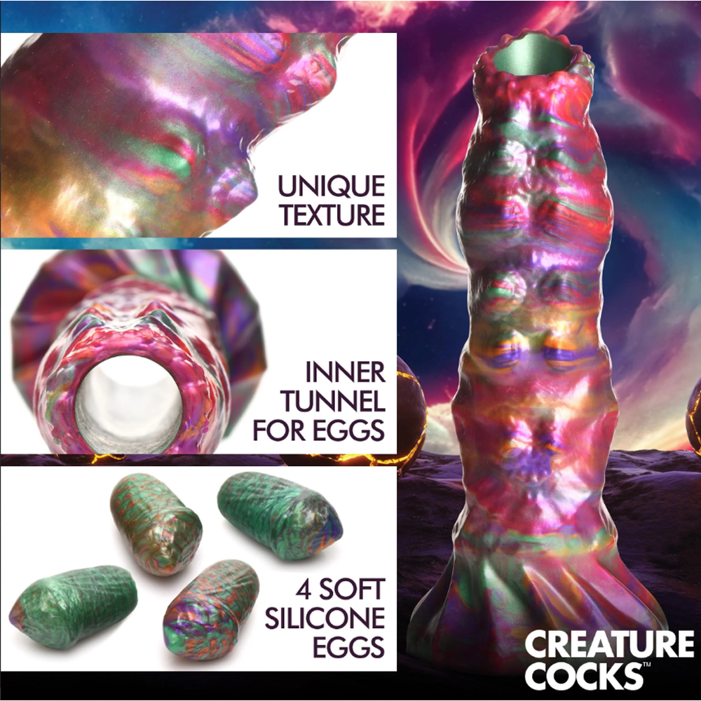 Iridescent fantasy dildo with textured shaft and four silicone eggs.