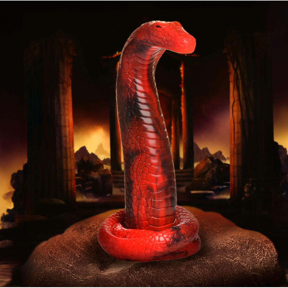 Red silicone king cobra fantasy dildo with textured scales and a suction cup base.