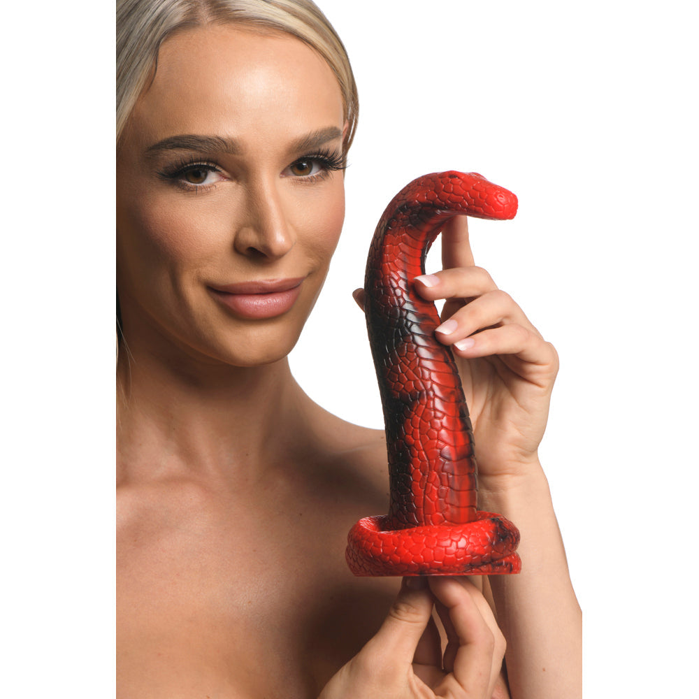 Red and black textured snake-shaped dildo with a suction cup base.