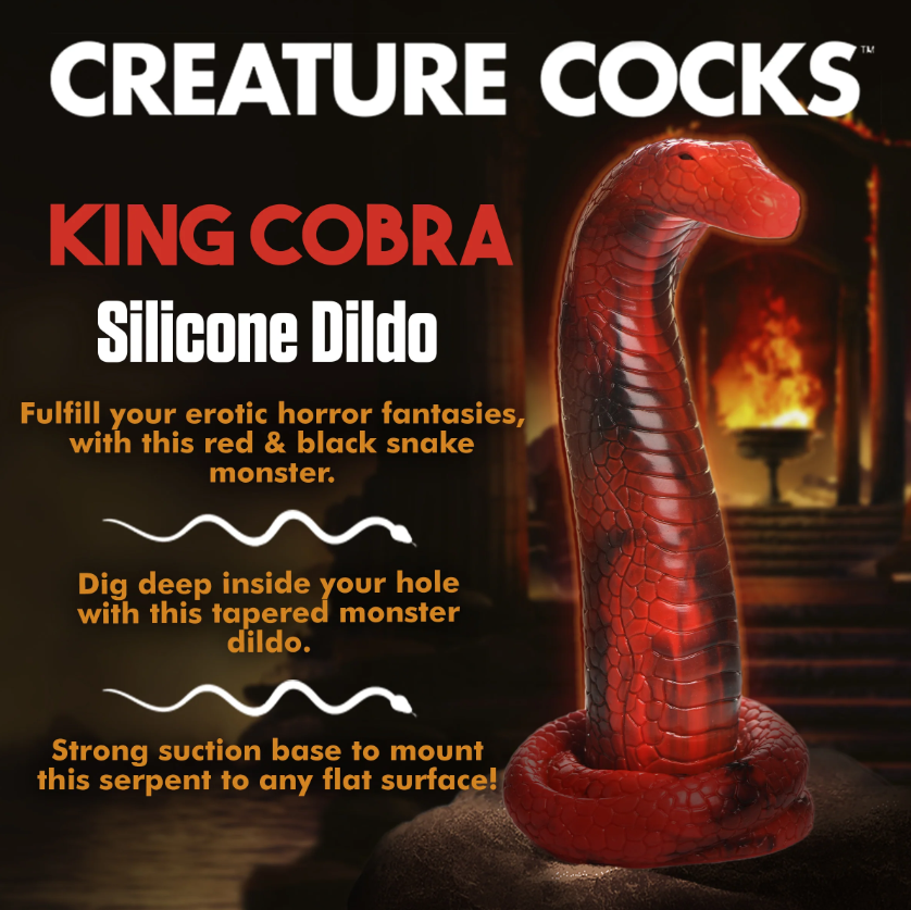 A red and black King Cobra silicone dildo with a suction base.