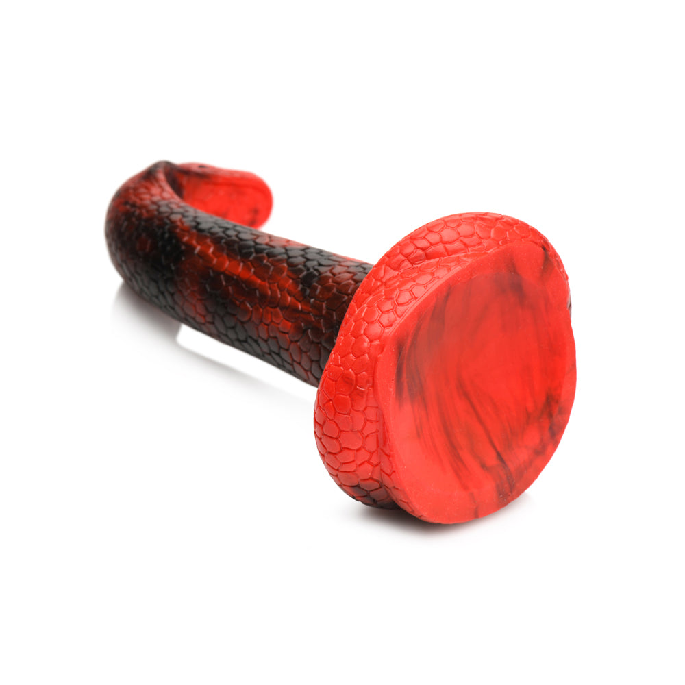 Red and black textured silicone dildo shaped like a cobra with a suction cup base.