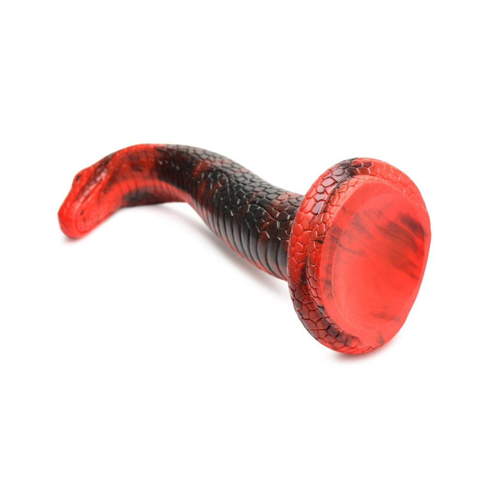 Red and black snake-shaped dildo with a suction cup base.