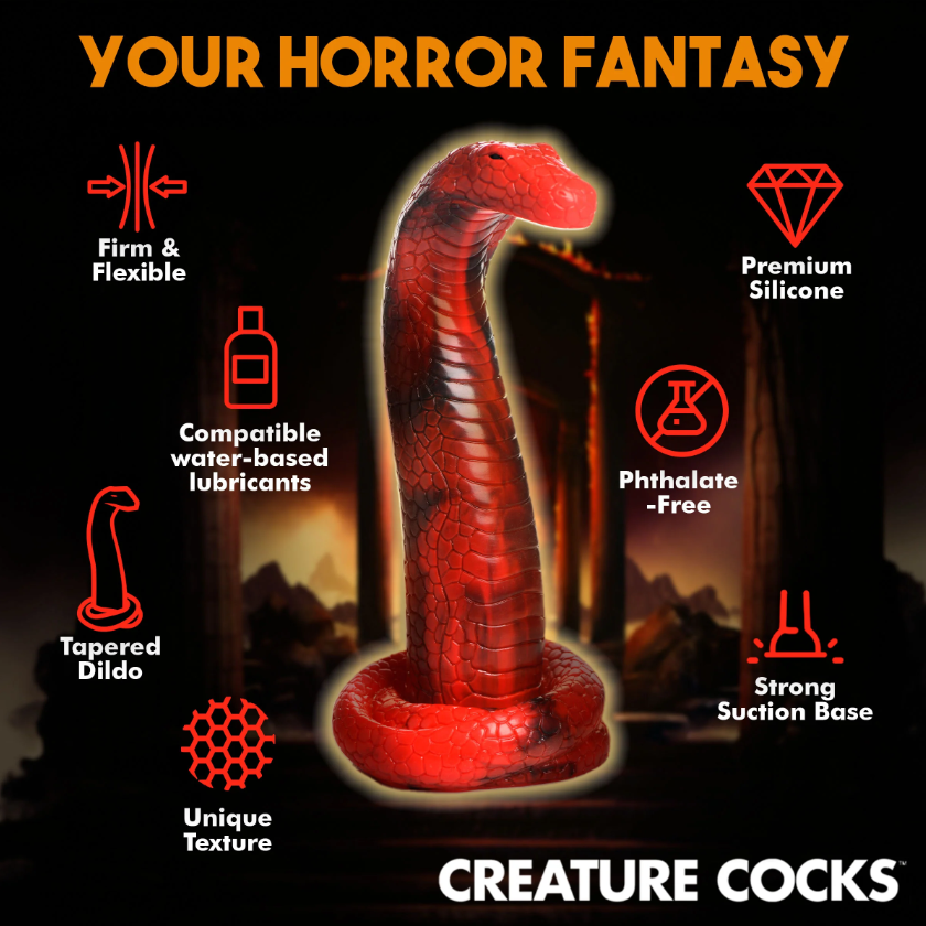 Red King Cobra fantasy dildo with suction cup and textured scales.