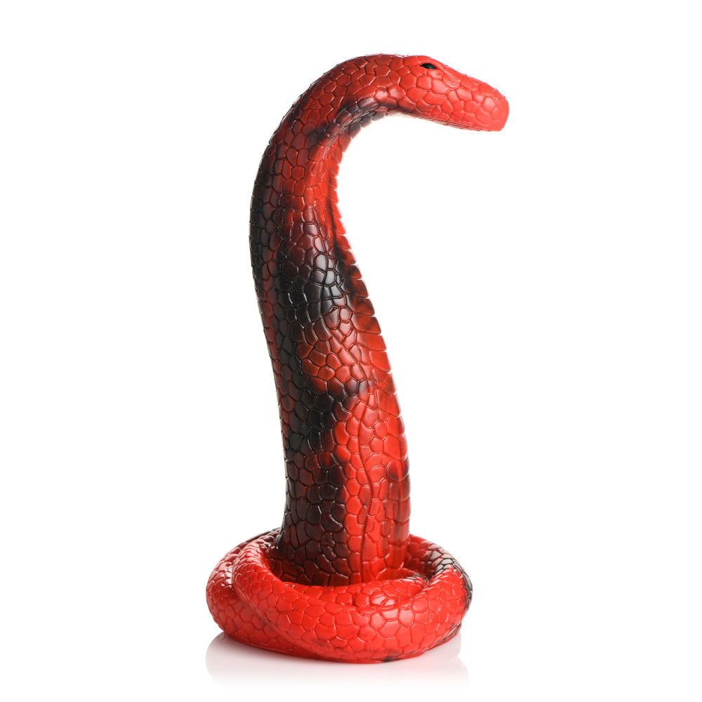 Red and black textured silicone king cobra dildo with a suction cup base.