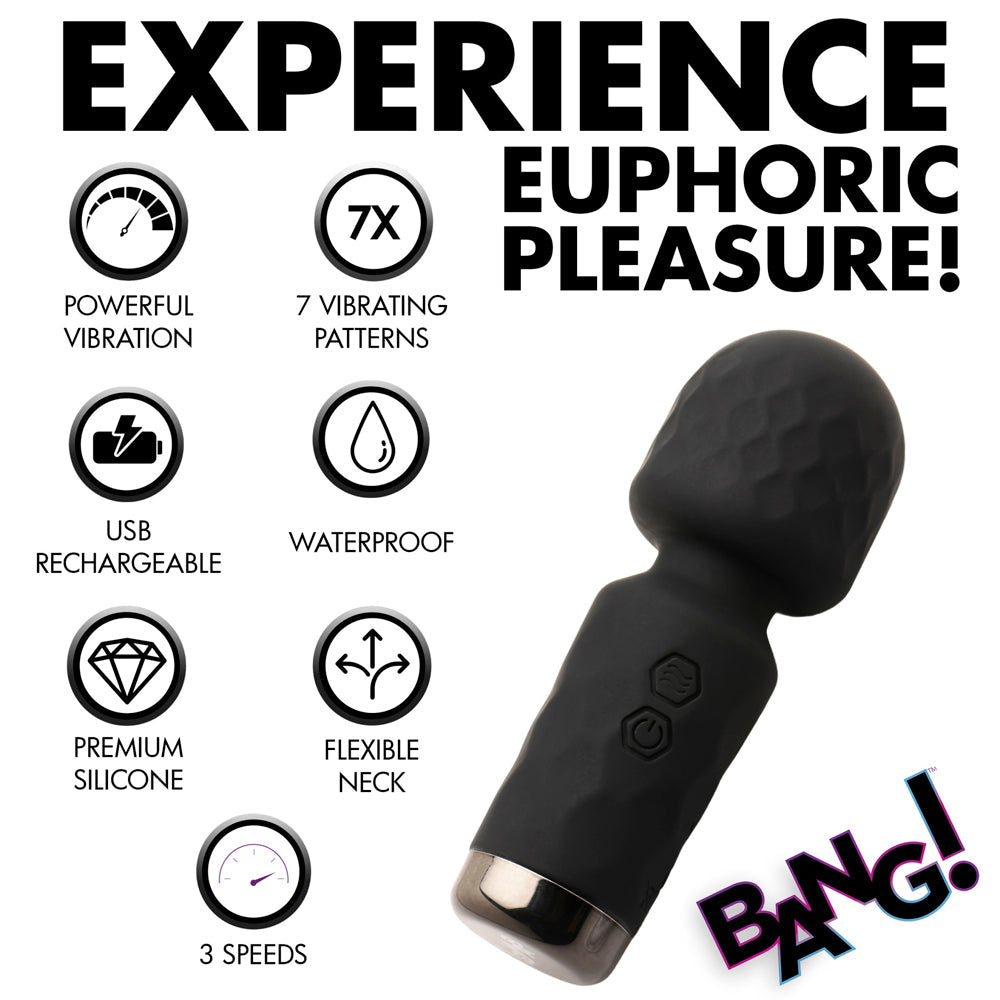 A black mini wand vibrator with features like powerful vibration, USB rechargeable, and flexible neck.